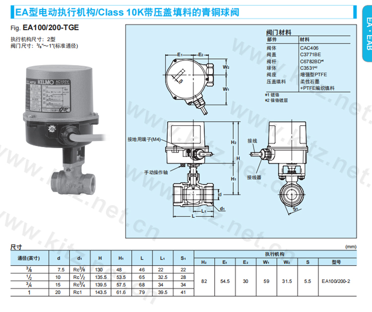 日本进口两通青铜电动球阀带压盖填料90度正逆转两通丝扣螺纹连接KELMO电动执行机构螺纹式球阀110/220 EA100-TGE