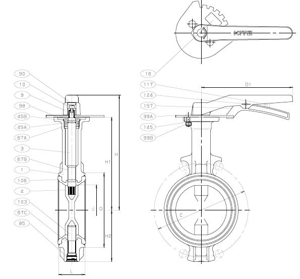 16DJUE球墨铸铁蝶阀 日本北泽蝶阀外形图