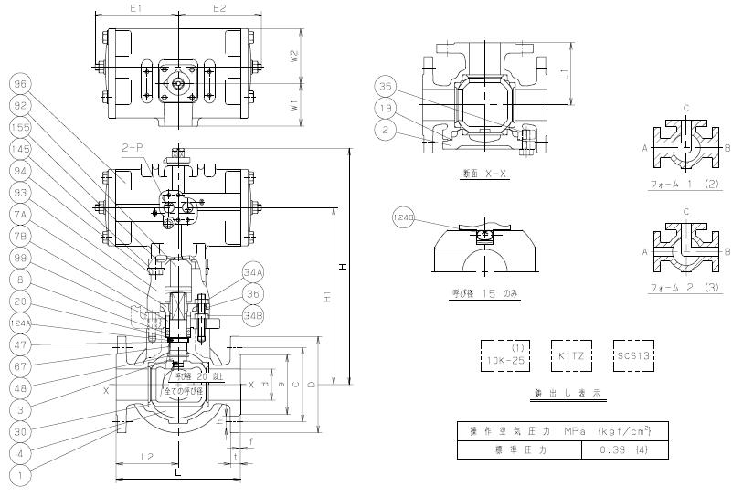 FA-10UTB4LA(M)气动三通不锈钢球阀结构图
